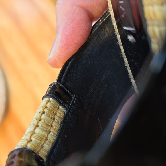 Black Patent Leather and Straw Heeled Sandal Thong - Picture 6 of 9